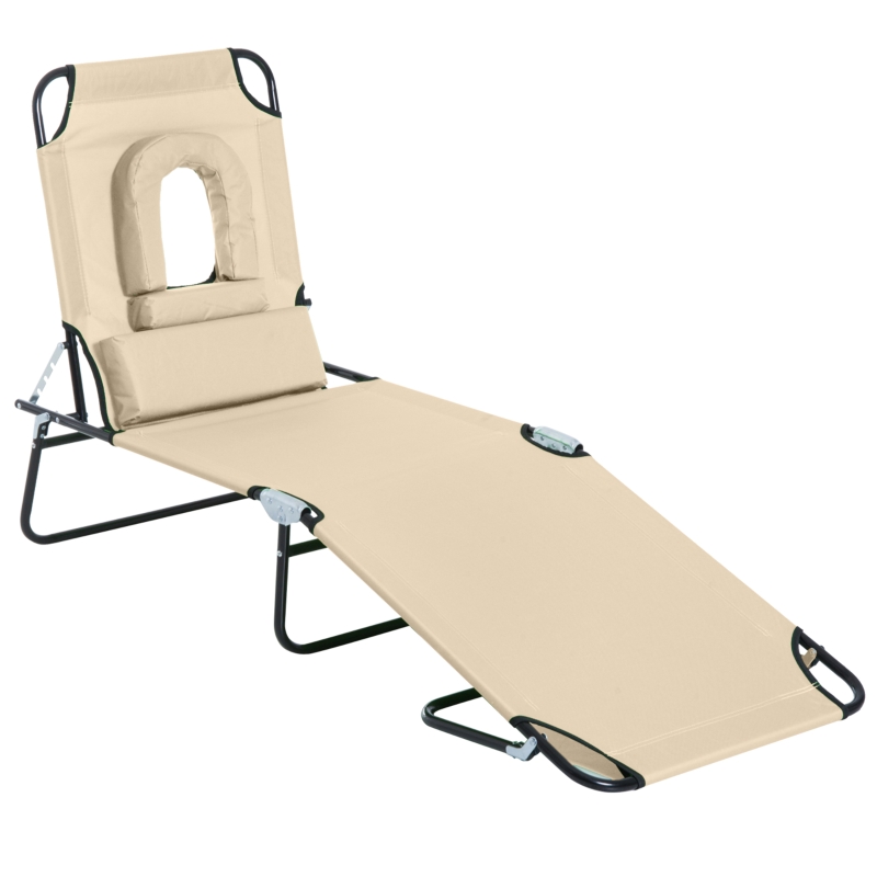 Best Outdoor Folding Sun Lounger with Face Hole, 4 Level Adjustable Backrest Reclining Garden Lounger, Garden Recliner Sunbed with 600 D Oxford Cloth Seat and Pillow for Beach, Beige - Image 11