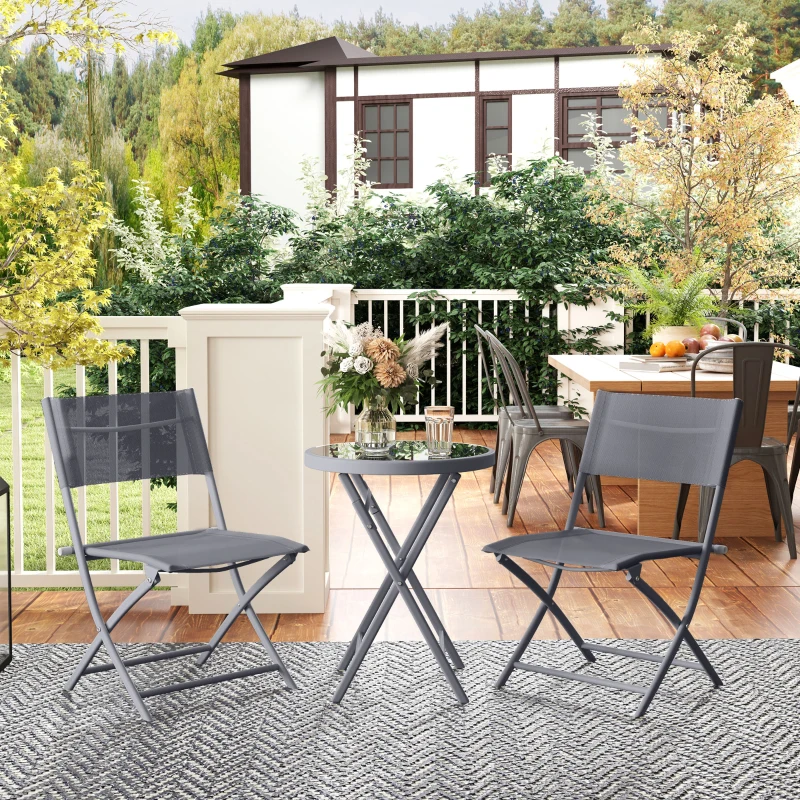 Best 3 Pieces Outdoor Bistro Set, Glass Top Outdoor Table and 2 Folding Chairs with Protecting Feet, Grey - Image 2