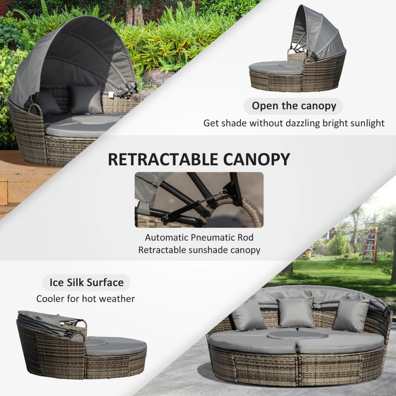 Best Outdoor PE Rattan Garden Furniture with Cushioned, Patio Wicker Conversation Furniture Set, Round Daybed with Retractable Canopy, Coffee Table and Three Pillows, Dark Grey - Image 5