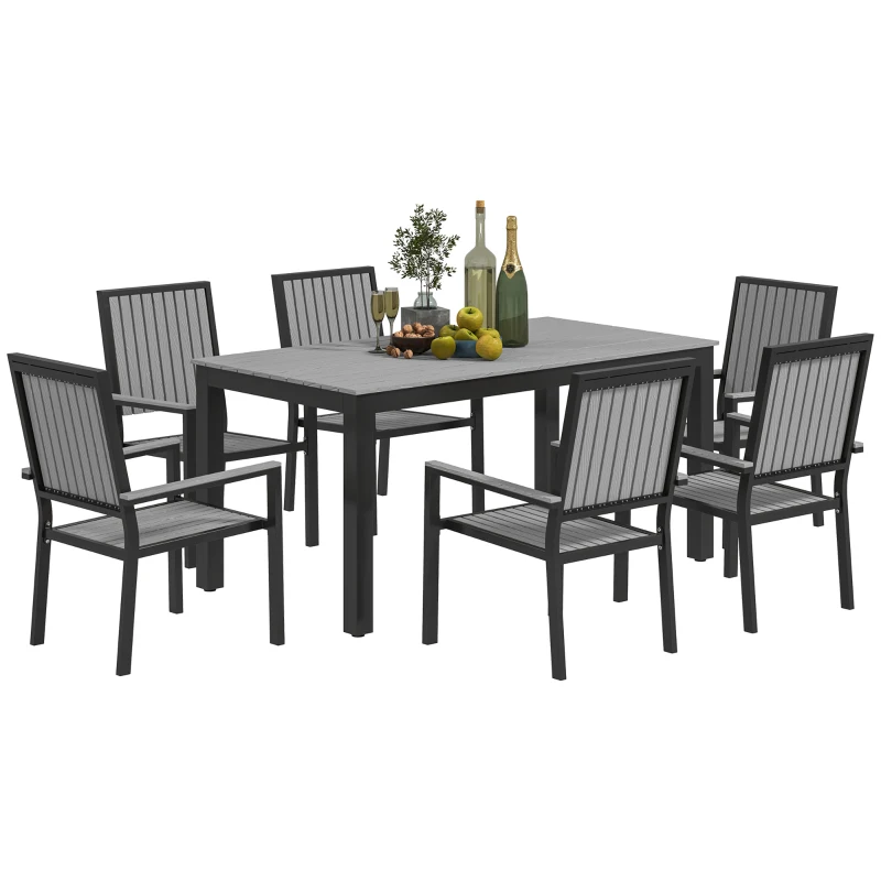 Best 6 Seater Garden Dining Set with Stackable Chairs, Aluminium Frame, Rectangular Plastic Top, Garden Furniture Set, Outdoor Dining Table and Chairs for Patio, Balcony, Poolside, Grey