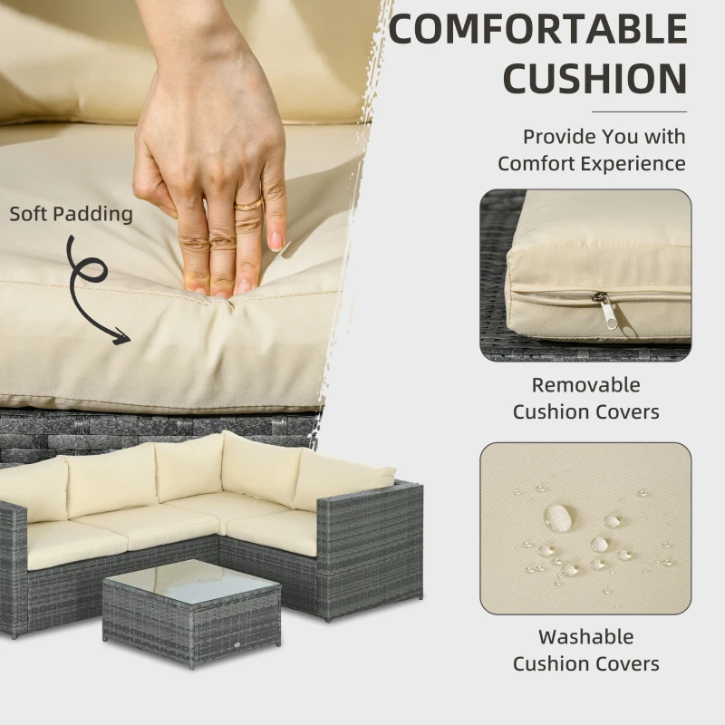 Best 3 Pieces PE Rattan Garden Furniture Set with 10 cm Thick Cushions, 4 Seater Garden Corner Sofa Set with Glass Top Coffee Table, Outdoor Furniture for Patio, Porch, Beige - Image 5