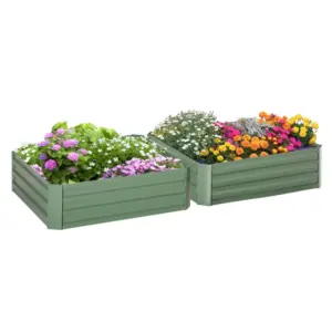 Best Set of 2 291L Raised Garden Bed, Elevated Galvanised Planter Box for Flowers, Herbs, 100x100x30cm, Green