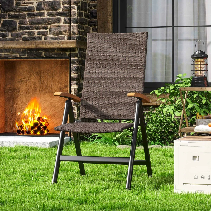 Best Outdoor Folding Rattan Chair with Armrests, High Backrest, for Garden, Camping, Balcony, Porch - Brown - Image 8