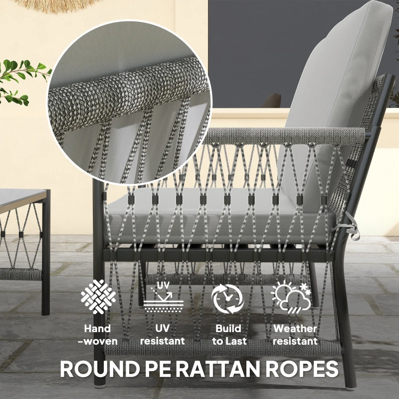Best 4 Piece Rattan Garden Furniture Set, 4 Seater Wicker Patio Conversation Set with 2 Armchairs, Loveseat, Glass Top Coffee Table and Cushions for Outdoor, Balcony, Grey - Image 5