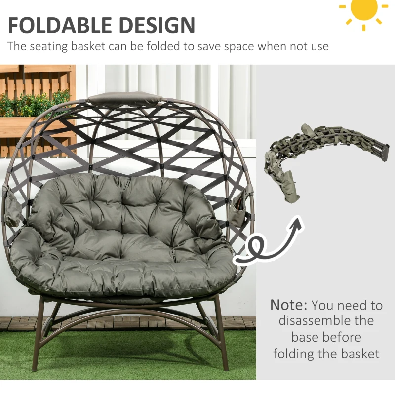Best 2 Seater Egg Chair Outdoor, Folding Weave Garden Furniture Chair with Cushion, Cup Pockets - Sand Brown - Image 6