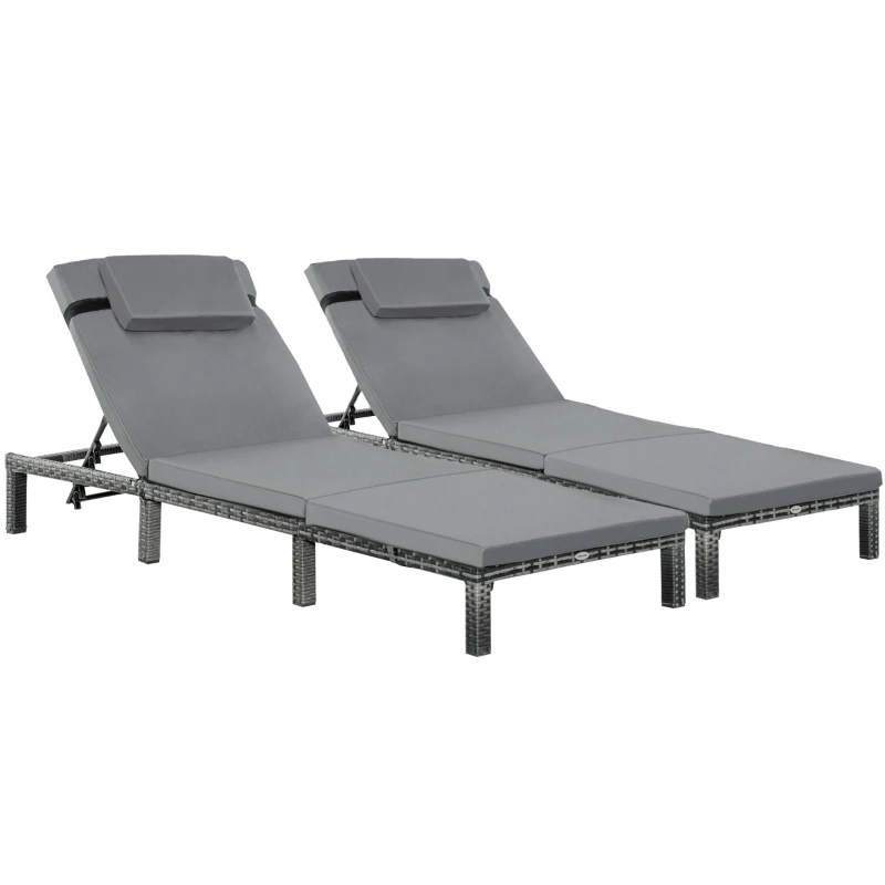 Best 2 Pieces Outdoor PE Rattan Sun Loungers set of 2 with Cushion, Garden Wicker Sunbed Furniture with 5-Level Recliner Backrest, Grey