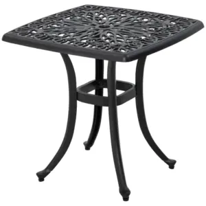 Best Cast Aluminium Bistro Table, Outdoor Square Side Table with Umbrella Hole, Garden Table for Balcony, Black