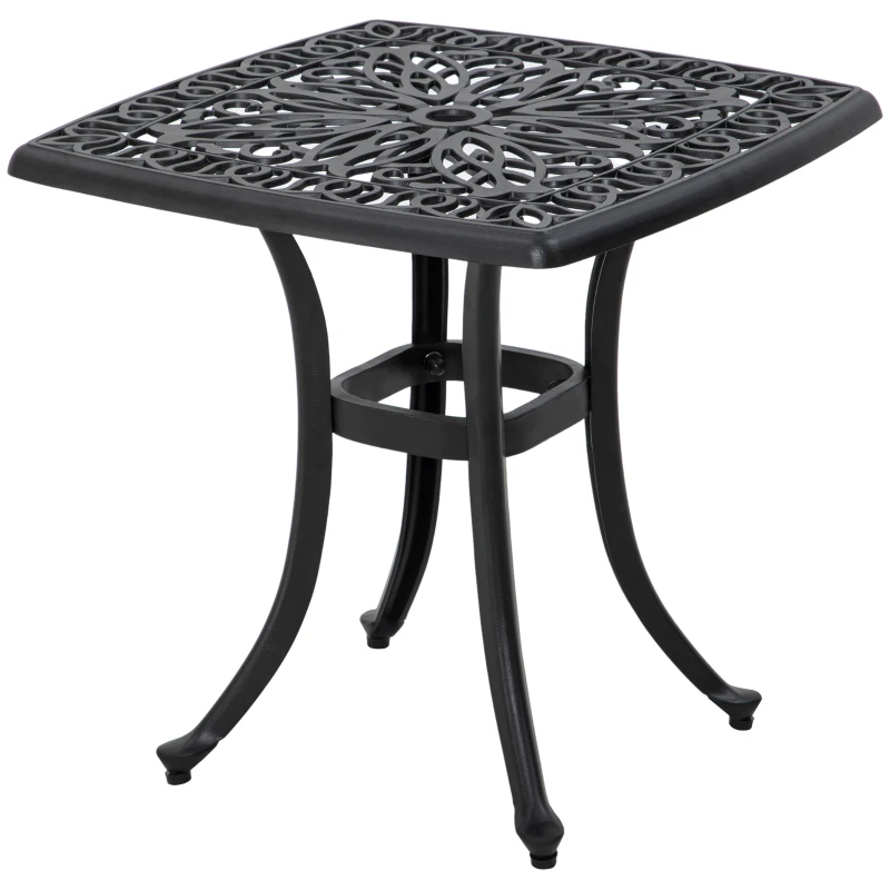 Best Cast Aluminium Bistro Table, Outdoor Square Side Table with Umbrella Hole, Garden Table for Balcony, Black