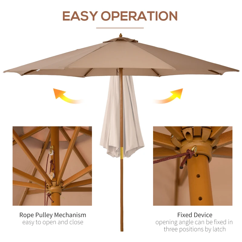 Best 3(m) Garden Umbrella Wooden Parasol 8 Ribs Bamboo Sun Shade Patio Outdoor Umbrella Canopy Khaki - Image 4