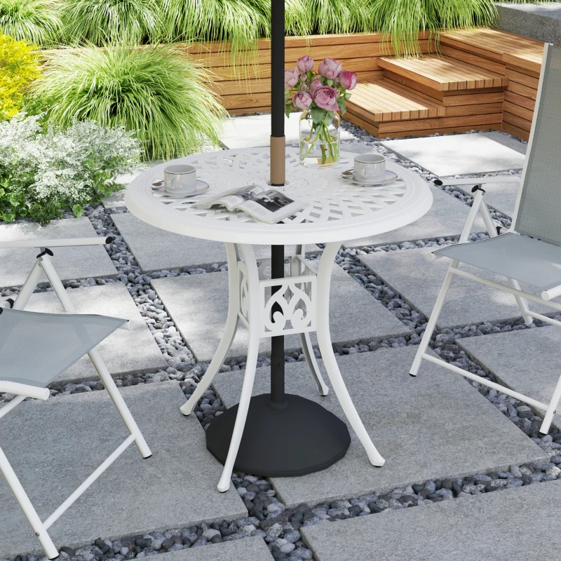 Best 78 cm Round Garden Dining Table with Parasol Hole Antique Cast Aluminium Outdoor Table Only, White - Image 2