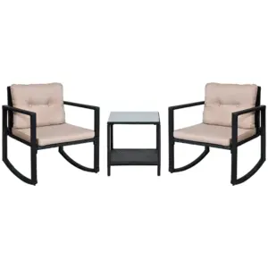Best 3 Pieces Rattan Garden Rocking Chair Set, Outdoor Rocking Bistro Set w/ 2 Cushioned Armchair and Glass Top Two-tier Coffee Table, Black
