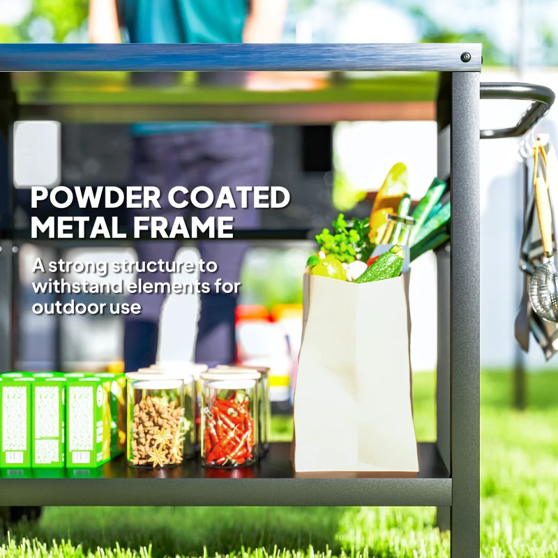 Best Outdoor Grill Dining Cart 2-Shelf Movable Pizza Oven Table Stand with Stainless Steel Top, Portable BBQ Trolley Food Prep Outdoor Kitchen BBQ Station with Hooks Wheels Handle, Charcoal Grey - Image 7