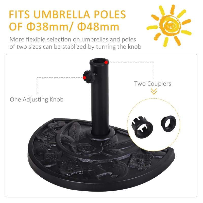 Best 9kg Resin Parasol Base, Half Round Umbrella Stand with Floral Design for Garden, Outdoor, Suitable Umbrella Rod: Φ3.8cm, Φ4.8cm, Black - Image 6