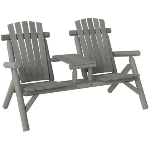 Best Wood Patio Chair Bench 2 Seats w/ Centre Coffee Table, Garden Bench, Grey