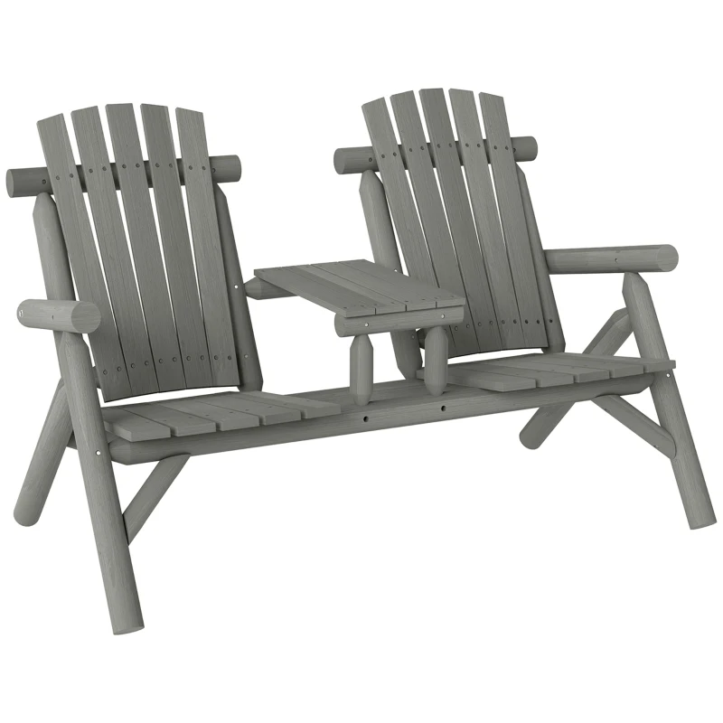 Best Wood Patio Chair Bench 2 Seats w/ Centre Coffee Table, Garden Bench, Grey