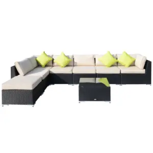 Best 8 Pieces PE Rattan Corner Sofa Set with Thick Cushions, Aluminium Outdoor Rattan Garden Furniture Set with Glass Top Table, No Assembly Required, Black