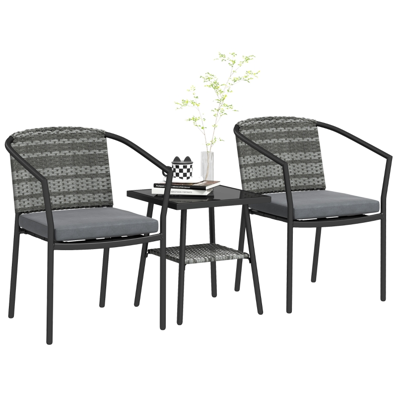Best 3 Pieces Rattan Bistro Set with Cushions, Wicker Garden Furniture Set, Glass Top Coffee Table and Chairs for Outdoor Patio, Balcony, Terrace and Conservatory, Grey - Image 10
