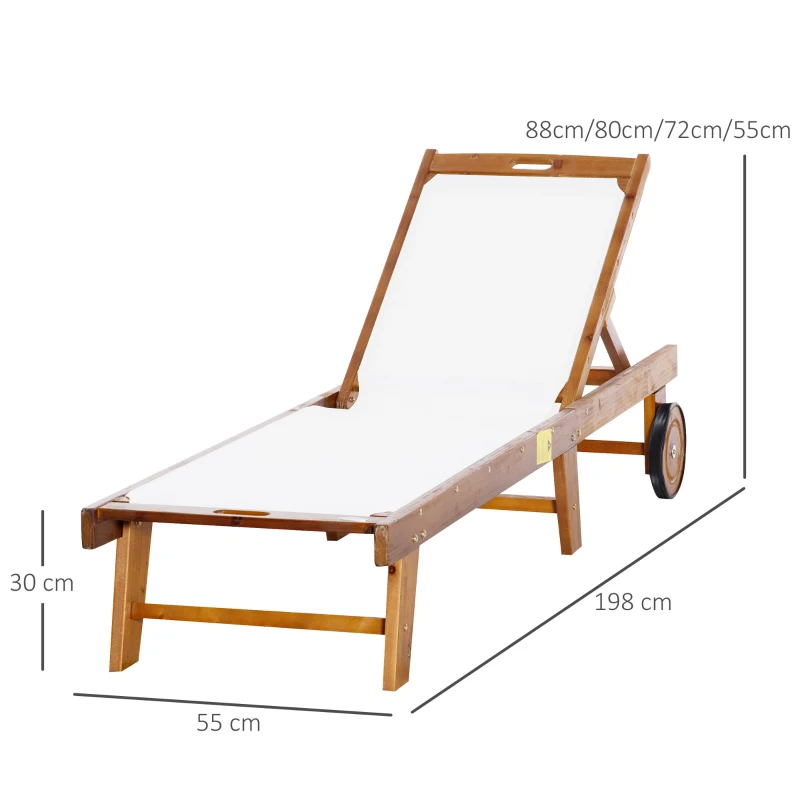Best Outdoor Acacia Wood Texteline Beach Sun Lounger Garden Patio Sunbed Recliner Chaise Adjustable Backrest with Wheels - Image 3