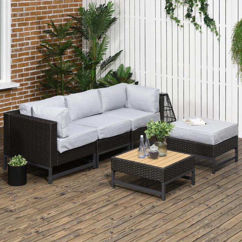 Best 5 Piece Outdoor PE Rattan Corner Sofa Set with Cushions, Wicker Rattan Garden Furniture with Wood-Effect Top Table, Brown - Image 2
