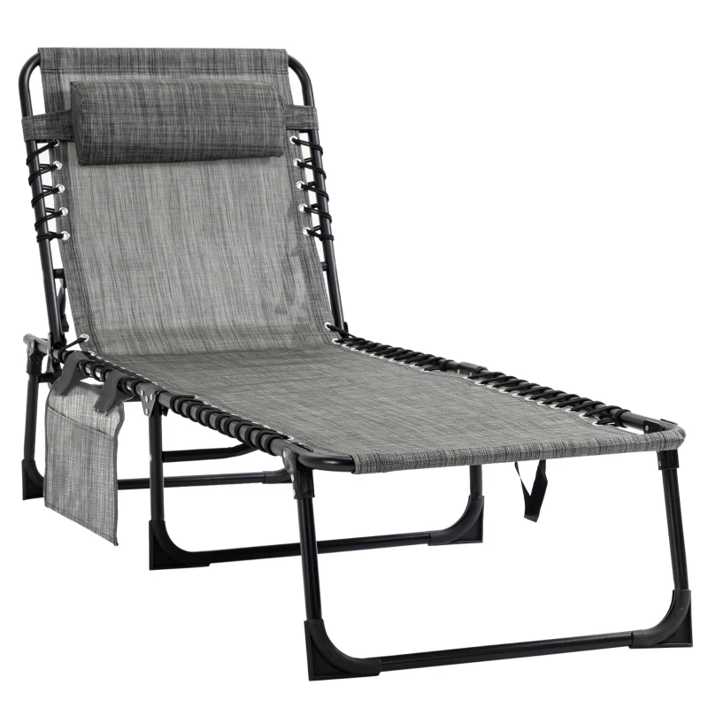 Best Portable Sun Lounger, Folding Camping Bed Cot, Reclining Lounge Chair 5-position Adjustable Backrest with Side Pocket, Pillow for Patio Garden Beach Pool, Mixed Grey