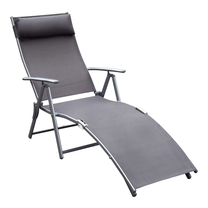 Best Sun Lounger Steel Frame Outdoor Folding Chaise Texteline Lounge Chair Recliner with Headrest & 7 Levels Adjustable Backrest, Grey