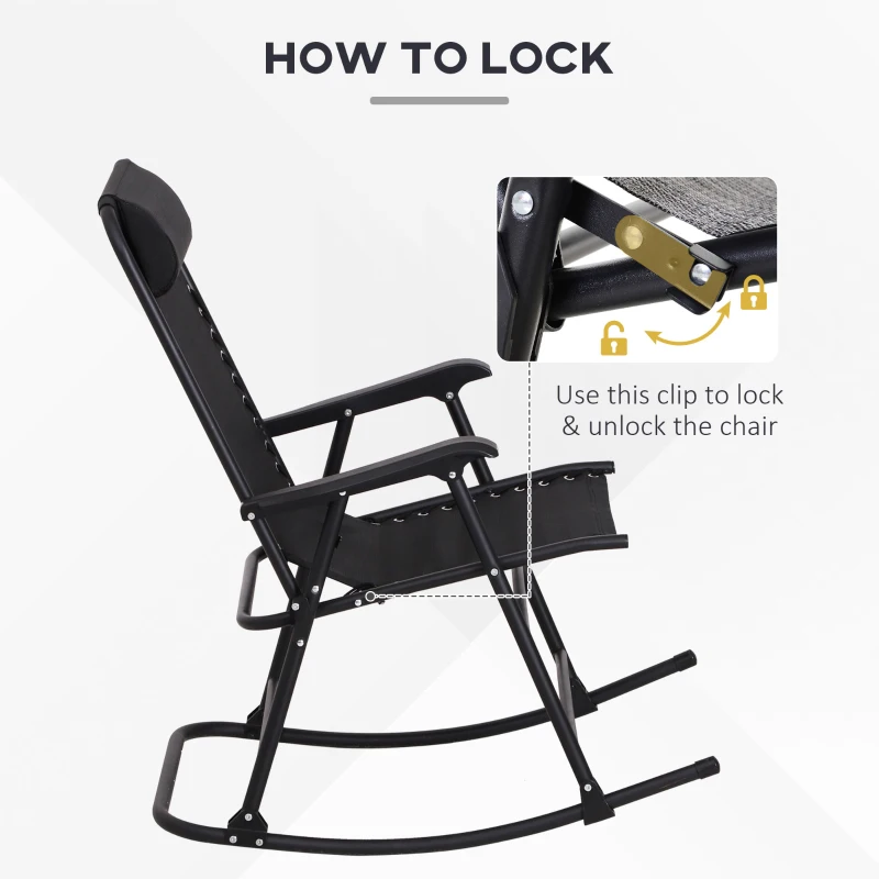 Best Garden Rocking Chair Folding Outdoor Adjustable Rocker Zero-Gravity Seat with Headrest Camping Fishing Patio Deck, 90 x 64 x 110 cm - Black - Image 5