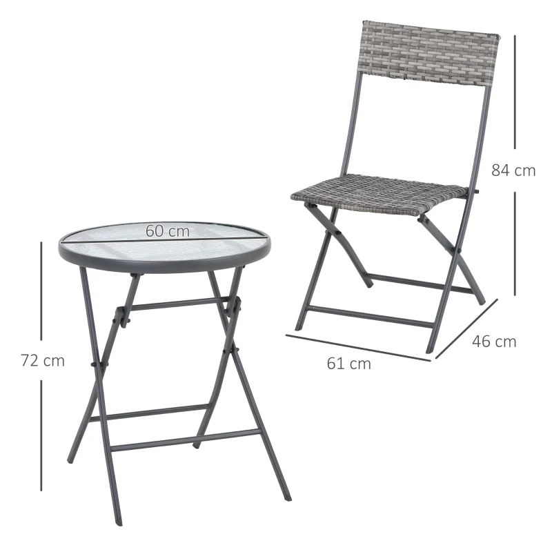 Best 3 Pieces Rattan Bistro Set, Wicker Folding Garden Furniture Set with Glass Top Coffee Table and Chairs for Outdoor, Patio, Balcony, Grey - Image 3