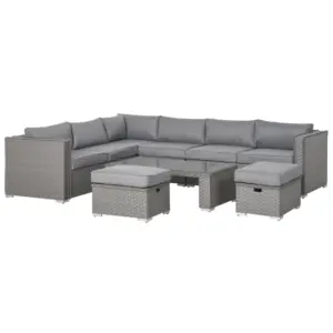 Best 6 Pieces Outdoor PE Rattan Wicker Corner Sofa Set with 10cm Thick Padded Cushions, Aluminium Conservatory Furniture with Glass Top Coffee Table, Footstools, Grey