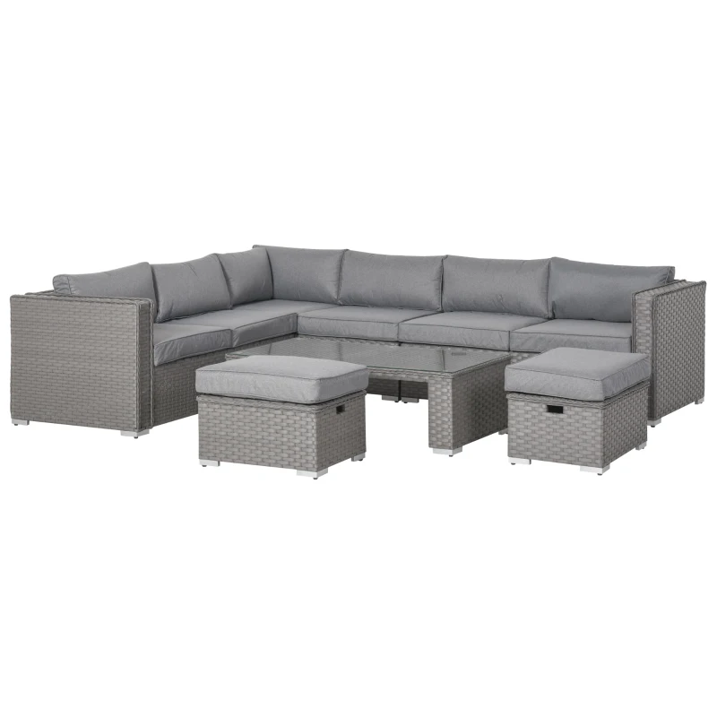 Best 6 Pieces Outdoor PE Rattan Wicker Corner Sofa Set with 10cm Thick Padded Cushions, Aluminium Conservatory Furniture with Glass Top Coffee Table, Footstools, Grey
