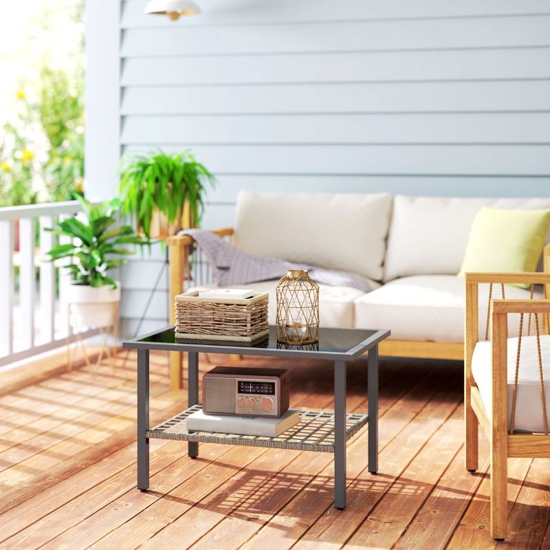 Best Outdoor Rattan Coffee Table with Tempered Glass Top, Storage Shelf, Foot Pads, for Patio, Balcony, Mixed-grey - Image 9