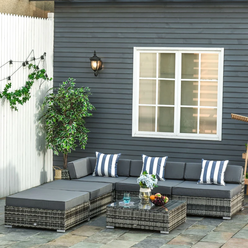 Best 6 PC Rattan Sofa Coffee Table Set Sectional Wicker Weave Furniture for Garden Outdoor Conservatory w/ Pillow Cushion Grey - Image 2
