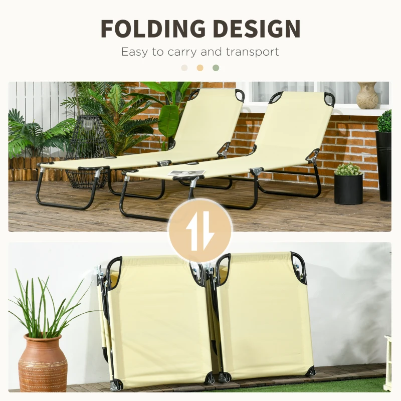 Best Set of Two Metal Frame Folding Sun Loungers - Beige - Image 5