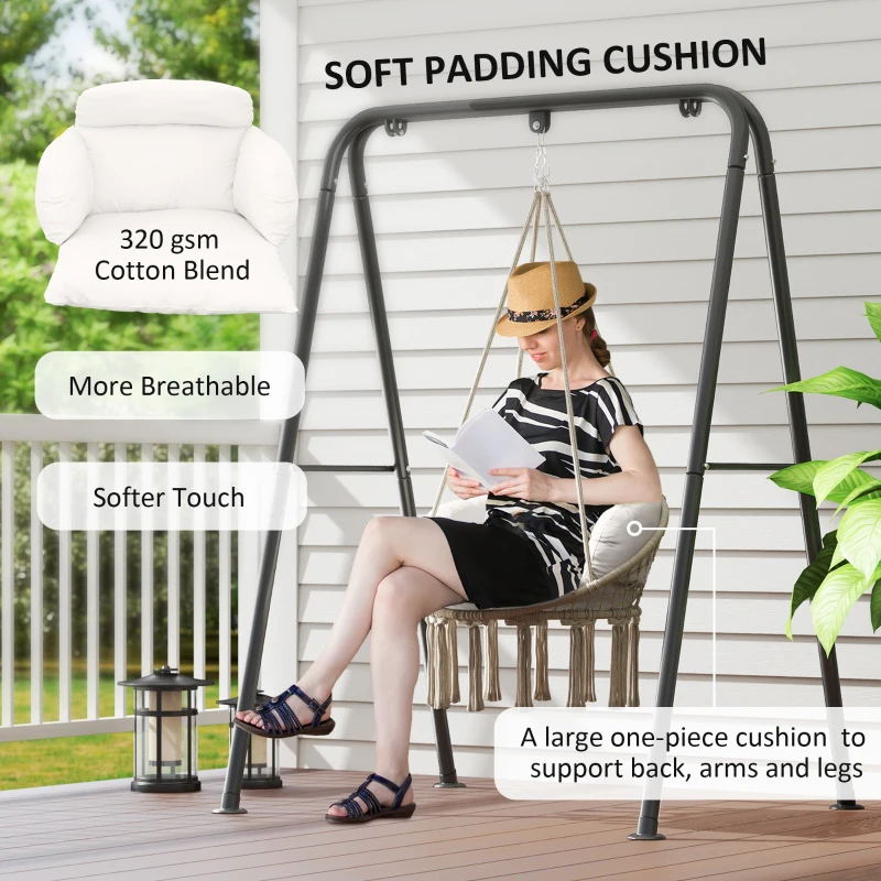 Best Hanging Chair Outdoor Hammock Chair with Soft Cushion, Cotton Rope Boho Style Swing Chair, Hanging Garden Swing Seat for Indoor Outdoor, Cream White - Image 4