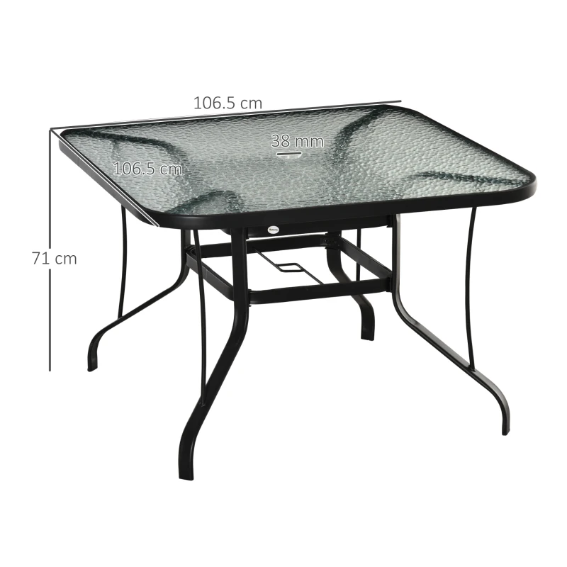 Best Square Outdoor Garden Dining Table with Parasol Hole, Tempered Glass Top, Steel Frame for Garden, Lawn, Patio, Black - Image 3