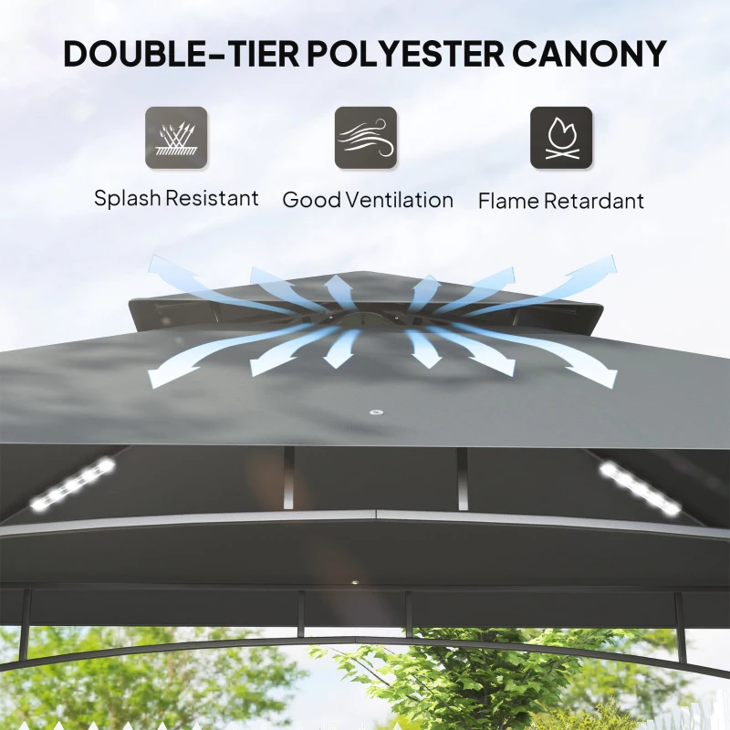 Best 8' x 5' Grill Gazebo, Double Tiered BBQ Gazebo Shelter Canopy with LED Lights, 2 Side Shelves, Hooks, Dark Grey - Image 4