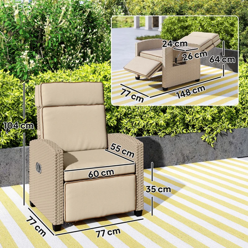 Best 145° Reclining Rattan Armchair, with Footrest - Khaki/Beige - Image 3