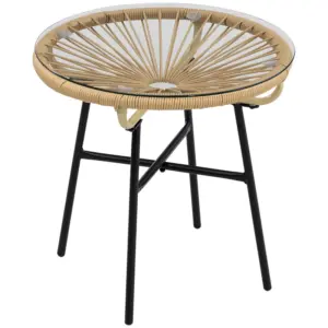 Best Rattan Side Table, Round Outdoor Coffee Table, with Round PE Rattan and Tempered Glass Tabletop for Patio, Garden, Balcony, Beige