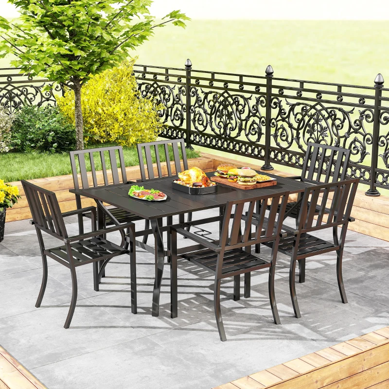Best 7 Pieces Garden Table and Chairs 6 Seater Outdoor Table and Chairs with Umbrella Hole, for Poolside, Garden, Black - Image 7