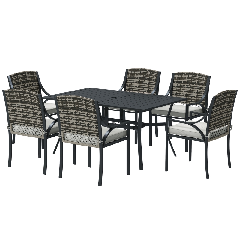 Best Rattan Garden Furniture Set with Cushions, 6 Seater Rattan Dining Set with 6 Armchairs, 150 x 96cm Rectangular Table, Umbrella Hole, for Outdoor, Patio, Balcony, Terrace, Conservatory - Image 11