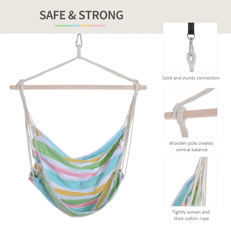 Best Outdoor Hanging Rope Chair with Cotton Rope, Garden Hammock Chair with Wooden Support Bar Cotton Cloth, Portable Garden Chair for Patio & Tree, Green - Image 4