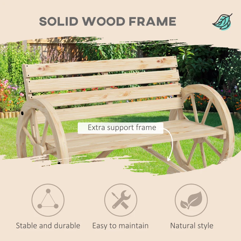 Best Wagon Wheel Chair Bench Armrest Rustic Loveseat Wood Outdoor Garden, Natural - Image 4