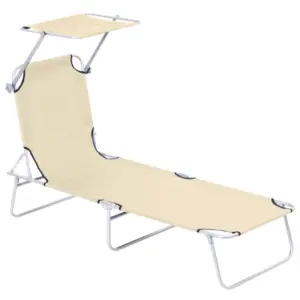 Best Outdoor Foldable Sun Lounger, 4 Level Adjustable Backrest Reclining Sun Lounger Chair with Angle Adjust Sun Shade Awning for Beach, Garden, Patio, Beige