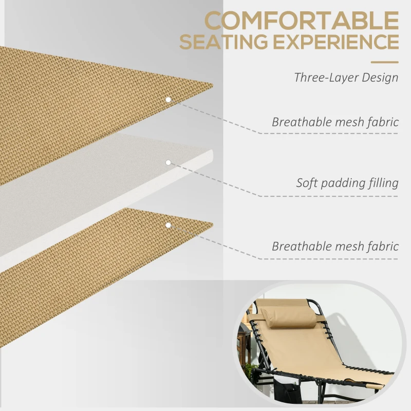 Best Folding Sun Lounge with 5-level Reclining Back, Outdoor Tanning Chair with Reading Hole, Outdoor Sun Lounge with Side Pocket, Headrest, for Beach, Yard, Patio, Beige - Image 4