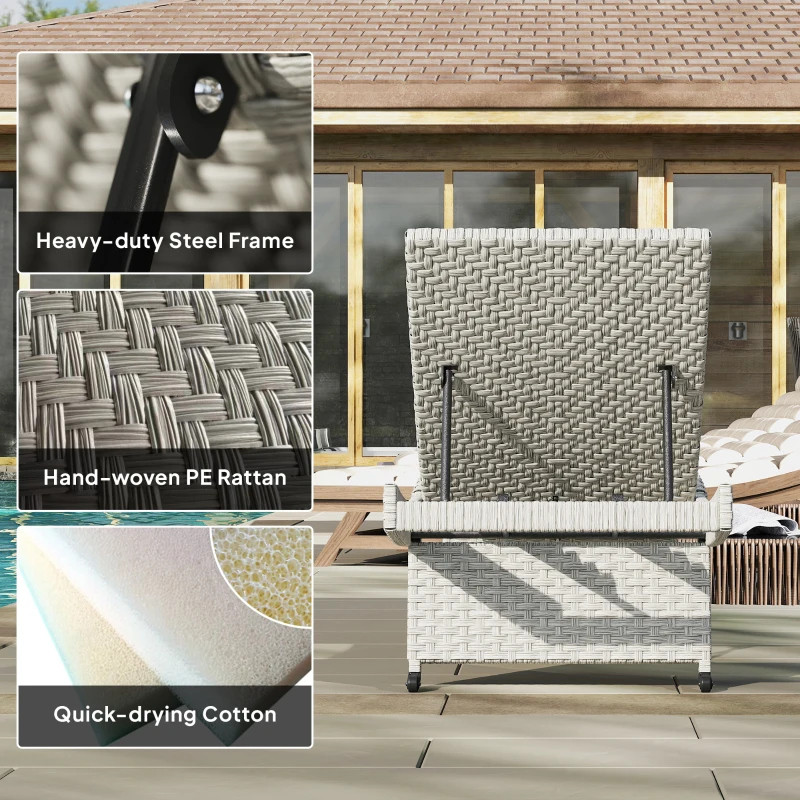 Best Outdoor PE Rattan Sun Lounger, Folding Wicker Garden Lounger Recliner with 4-Level Adjustable Backrest, Rolling Sunbed Lounge Chair with Wheels, Non-Slip Legs for Balcony, Beach, Grey - Image 8