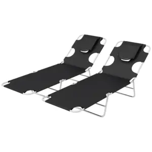 Best Foldable Sun Lounger Set of 2, Beach Chaise Lounges with Reading Hole, Arm Slots, 5-Position Adjustable Backrest, Side Pocket, Pillow for Patio, Garden, Beach, Pool, Black