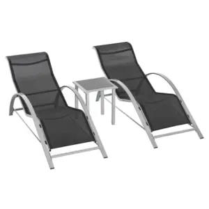 Best 3 Pieces Sun Lounger Chair Set, Metal Frame Garden Outdoor Sunbathing Chair with Side Table and Armrest, Black