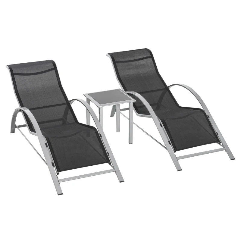 Best 3 Pieces Sun Lounger Chair Set, Metal Frame Garden Outdoor Sunbathing Chair with Side Table and Armrest, Black