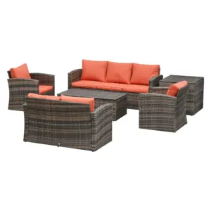 Best 6 Pieces Rattan Garden Furniture Set, 7 Seater Wicker Outdoor Furniture Set with Storage Tea Table & Side Table, Sectional Garden Sofa Set with Cushions, Orange