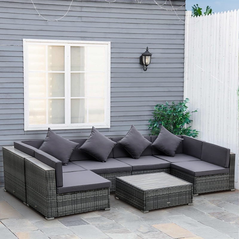 Best 7 Pieces Patio Wicker Sofa Set, Outdoor PE Rattan Sectional Furniture Set w/ Acacia Table Top & Cushion for Garden, Backyard, Grey - Image 10