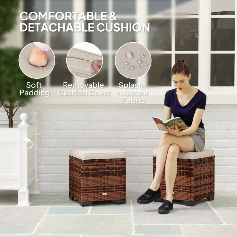 Best Set of 2 Rattan Storage Ottoman, Outdoor Footstool with Removable Cushions, Garden Storage Seat for Balcony, Poolside, Living Room, Beige - Image 5